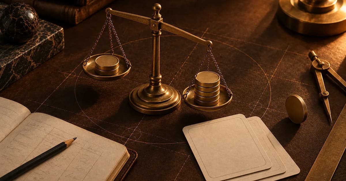 Une balance en laiton penche vers la plus haute de deux piles de pièces, sur un sous-main en cuir près d'un carnet de comptes, de cartes vierges et d'un compas