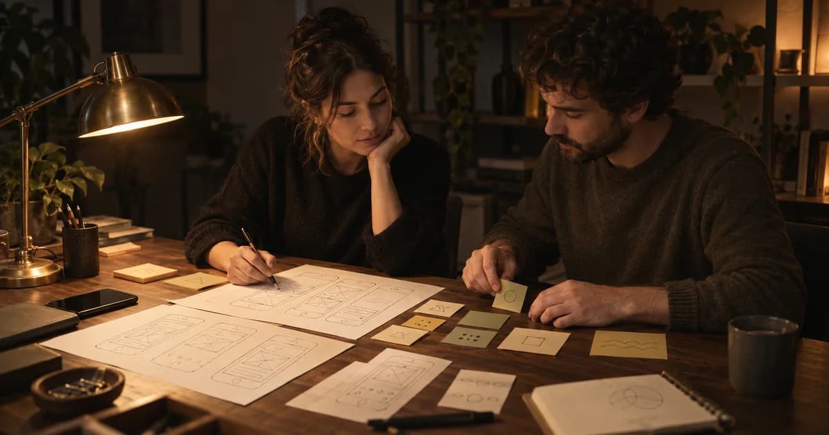 Une femme et un homme dessinent des écrans de téléphone et trient des post-it sur une table en bois sous une lampe en laiton