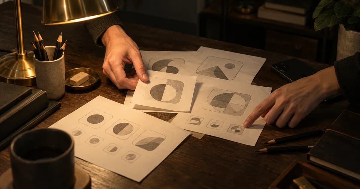 Des mains disposent des planches d'icônes d'application dessinées en plusieurs tailles sur un bureau en bois éclairé par une lampe