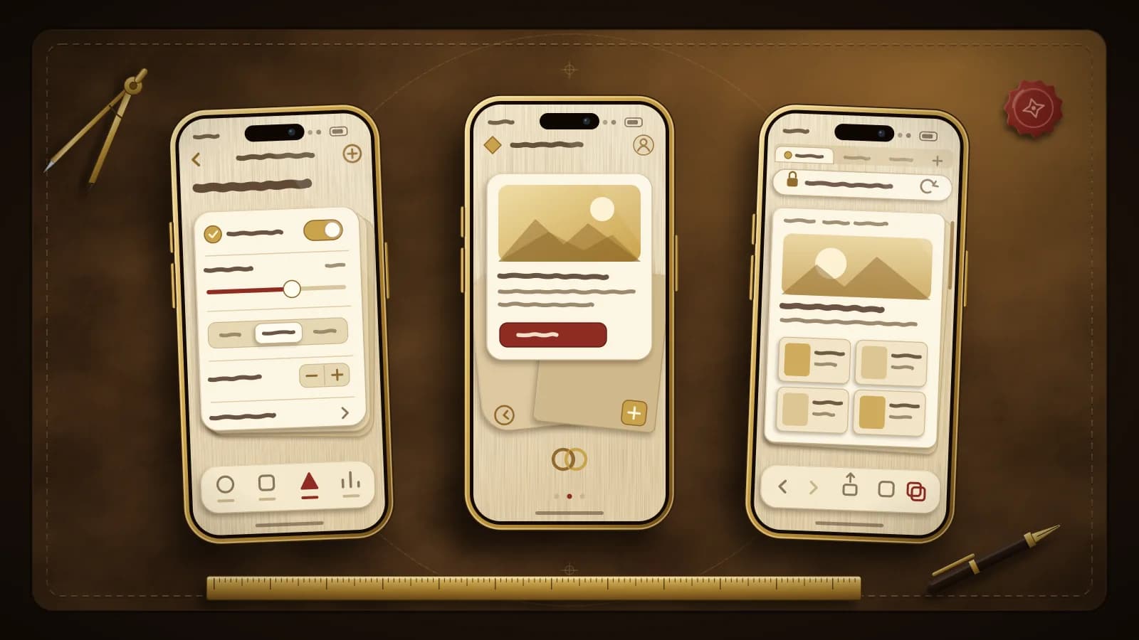 Trois téléphones posés sur un bureau en cuir montrent une application native avec ses contrôles système, une application multiplateforme et une application web dans un navigateur