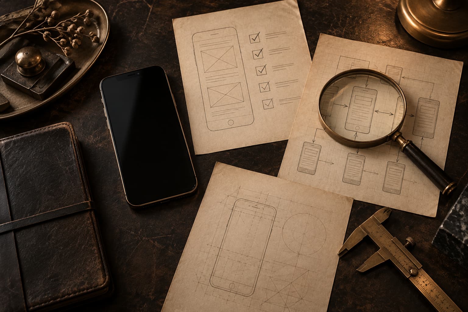 Un téléphone et des plans de parcours sur un établi sombre, avec une loupe et une grille de contrôle.