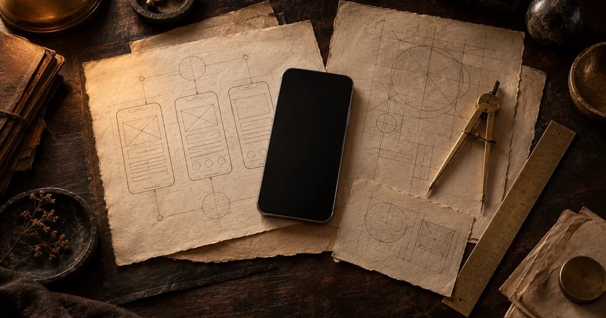 A dark workbench with paper wireframes, a phone, blueprint sketches and brass drafting tools under warm amber light