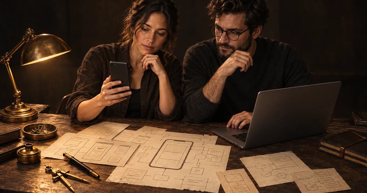 Un responsable produit et un développeur examinent ensemble un téléphone et un ordinateur portable sur un plan de travail sombre sous une lumière ambrée avant le lancement d'une application