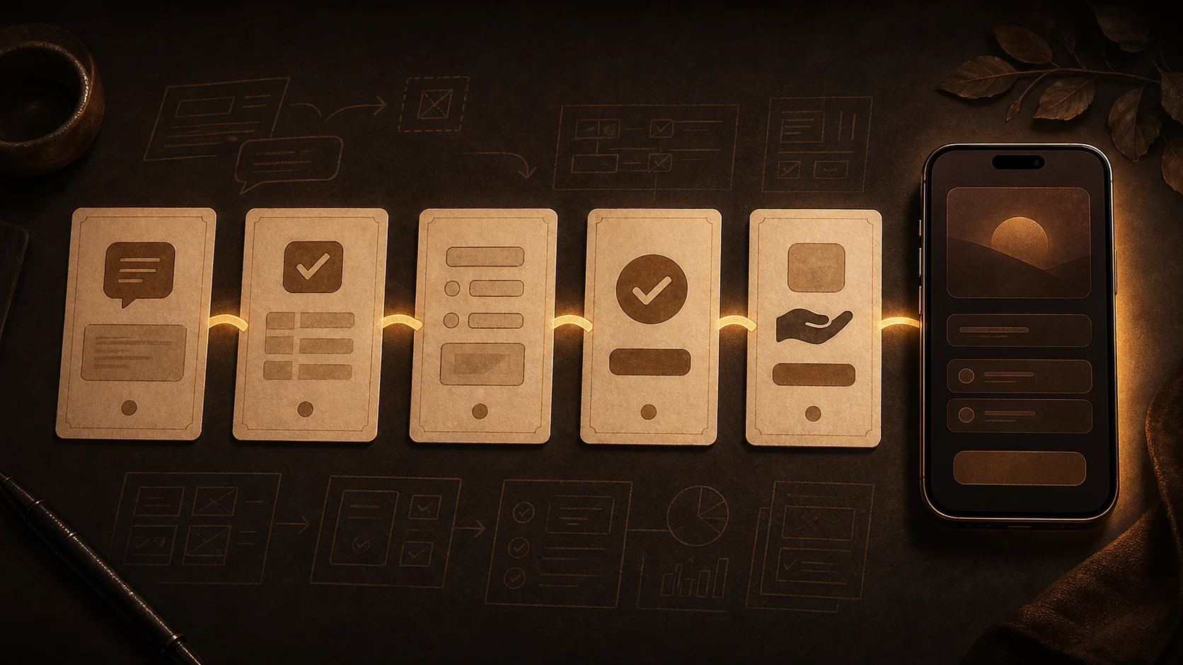 Parcours MVP d’une application sur mesure représenté par des cartes reliées de l’idée à la mise en production